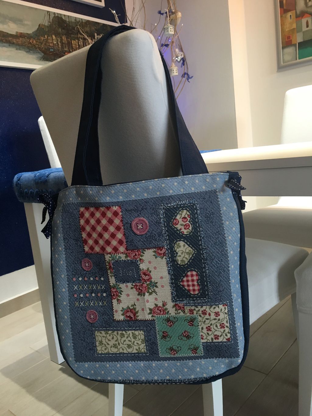 Borsa blu con pacht quadrati con cerniera - Borsa con tasca interna mod. Romantica